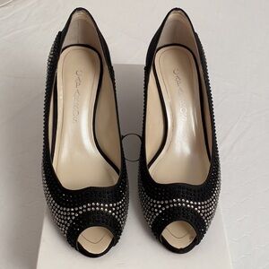 Caparros black satin rhinestone peep toe heels 8.5